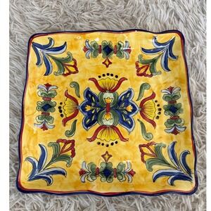 MAXCERA Yellow Talavera Hand Painted Square Ceramic Platter Dish